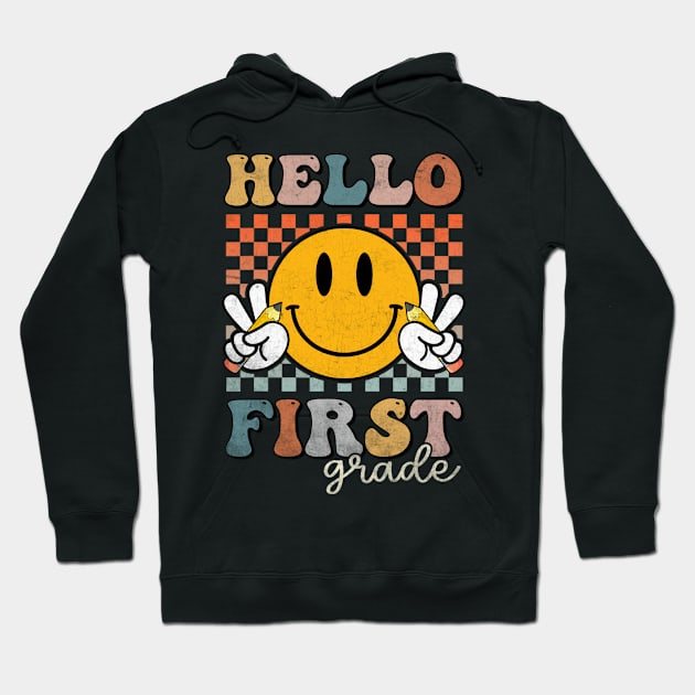 Hello First Grade Retro Groovy Back To School Hoodie by Magazine